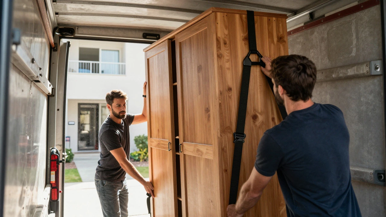 Movers carefully lifting a wooden wardrobe into an apartment entrance