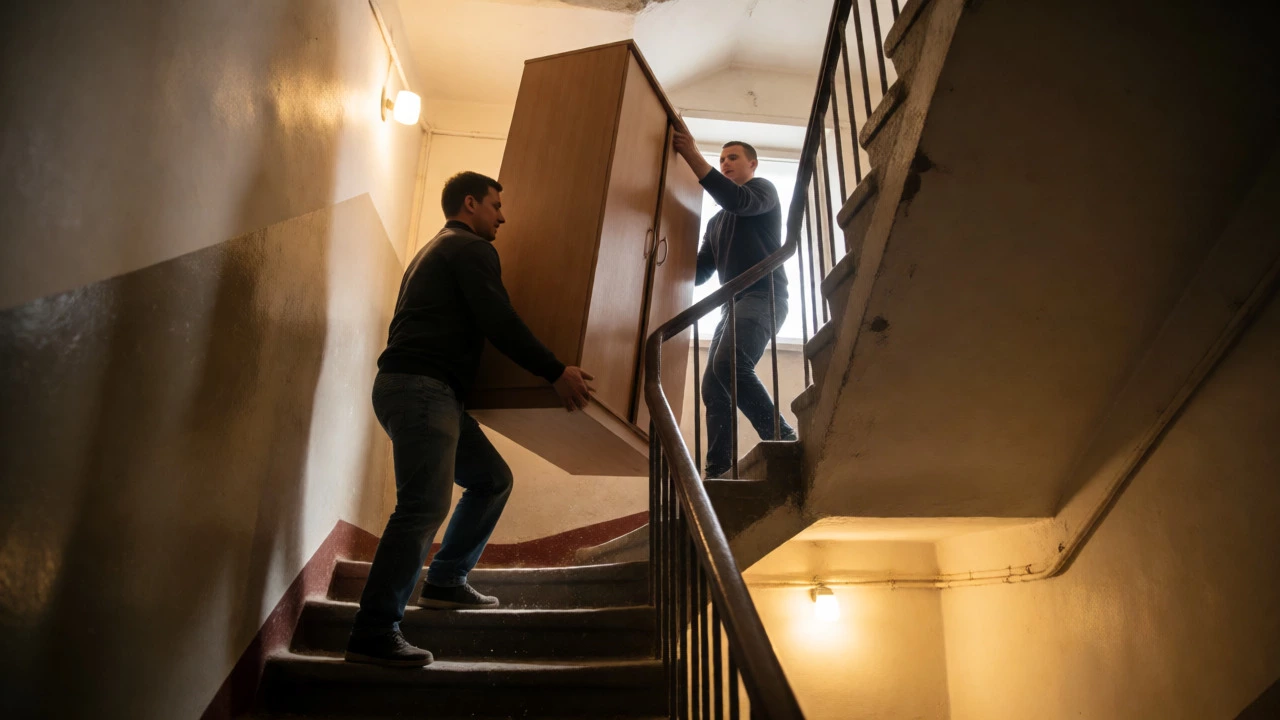 Грузчики несут шкаф по лестнице в доме без лифта